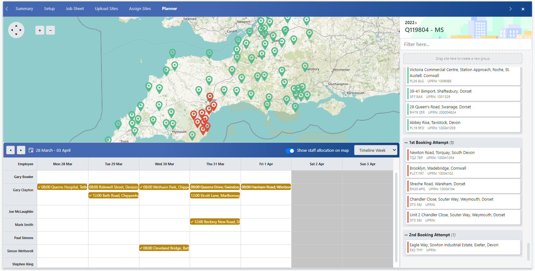 Geo-location and color-coded pin drops on a map view display