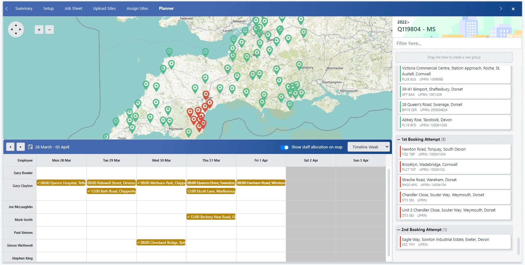 A view of the map with pinpoints of jobs on the project planning section