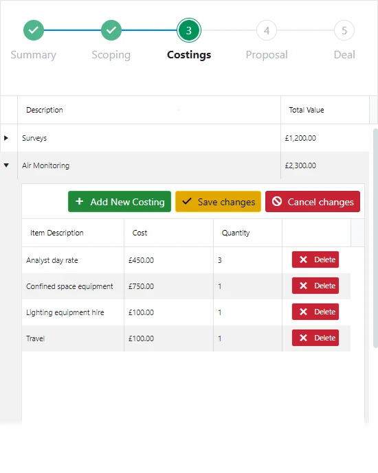 Costings tab from the sales section