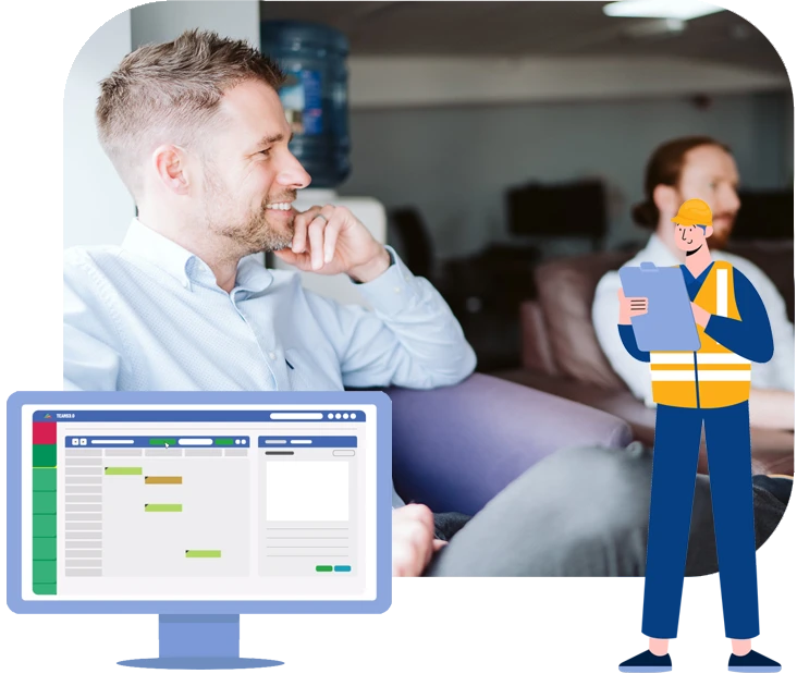 Image showing cartoon surveyor, minimal teams desktop and real photo of employee
